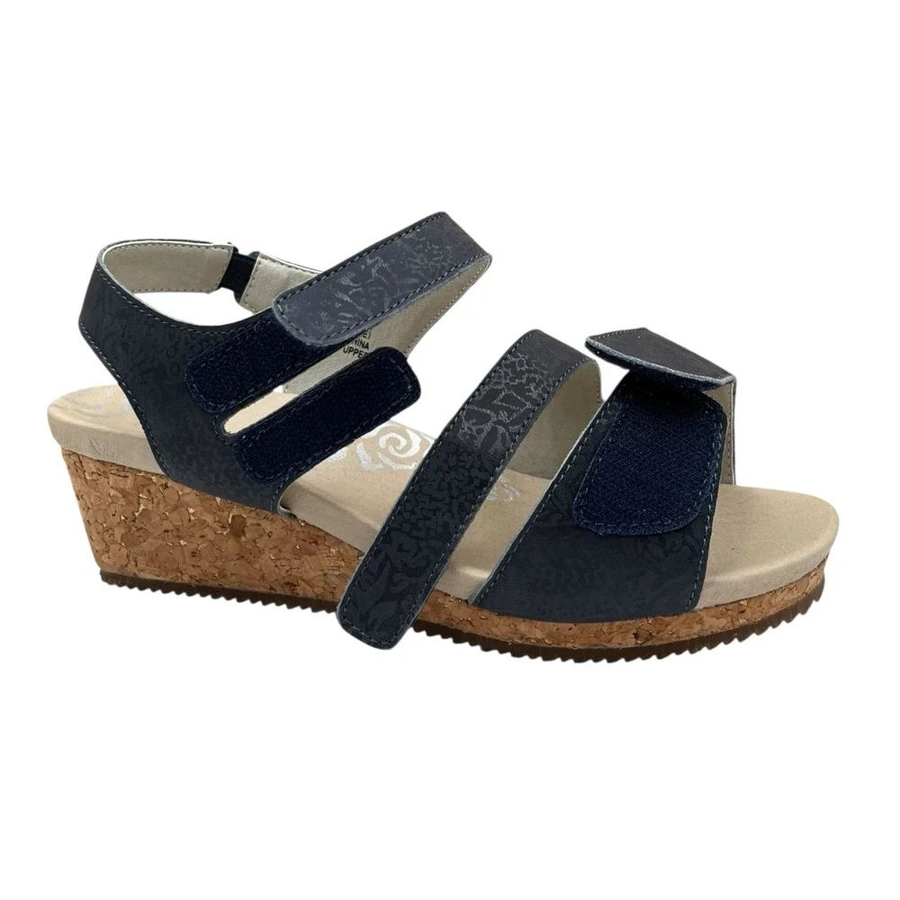 Propet Women's Millie Wedge Leather Sandal Size 9.5 WIDE WIDTH Navy Blue Tan - Picture 4 of 12